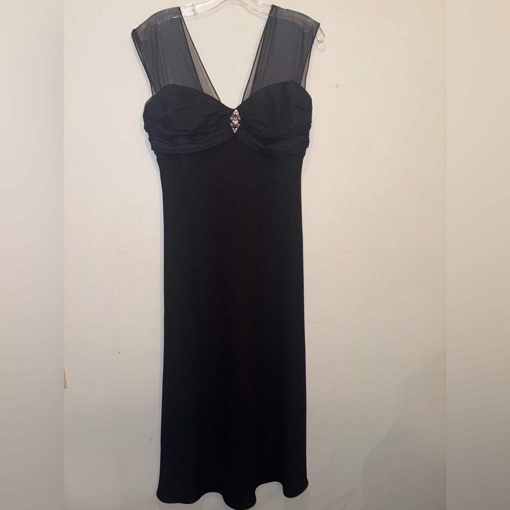 Vintage Bellessa Black Sleeveless Dress with Sheer Accents & Brooch Size 12